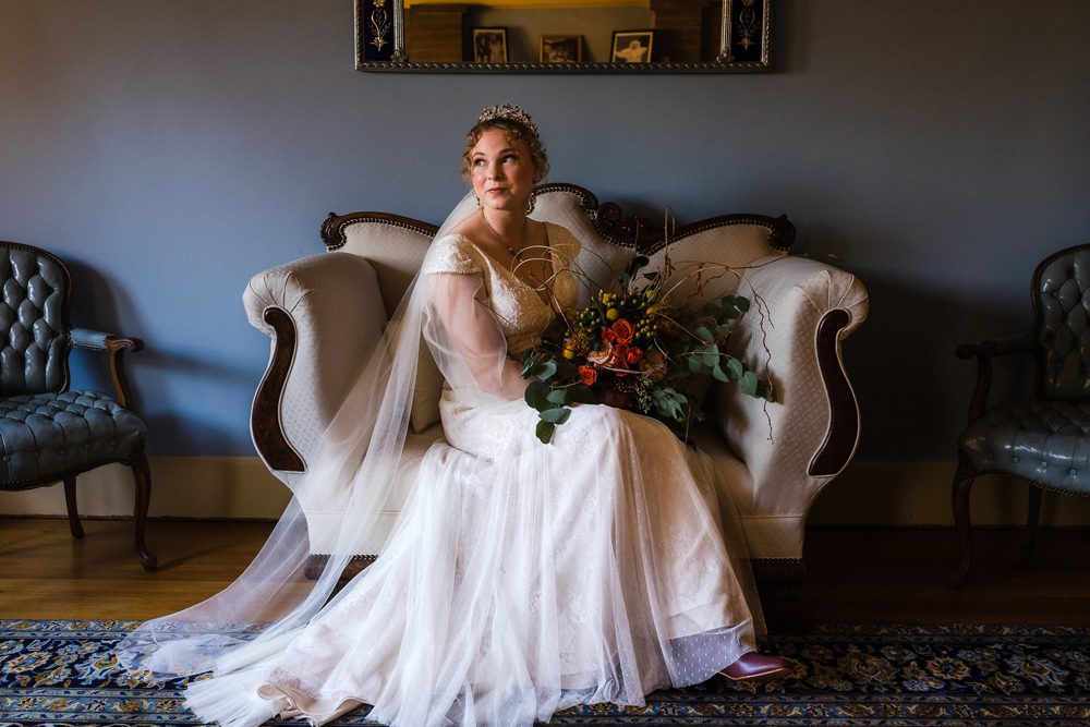 bride sitting on a couch