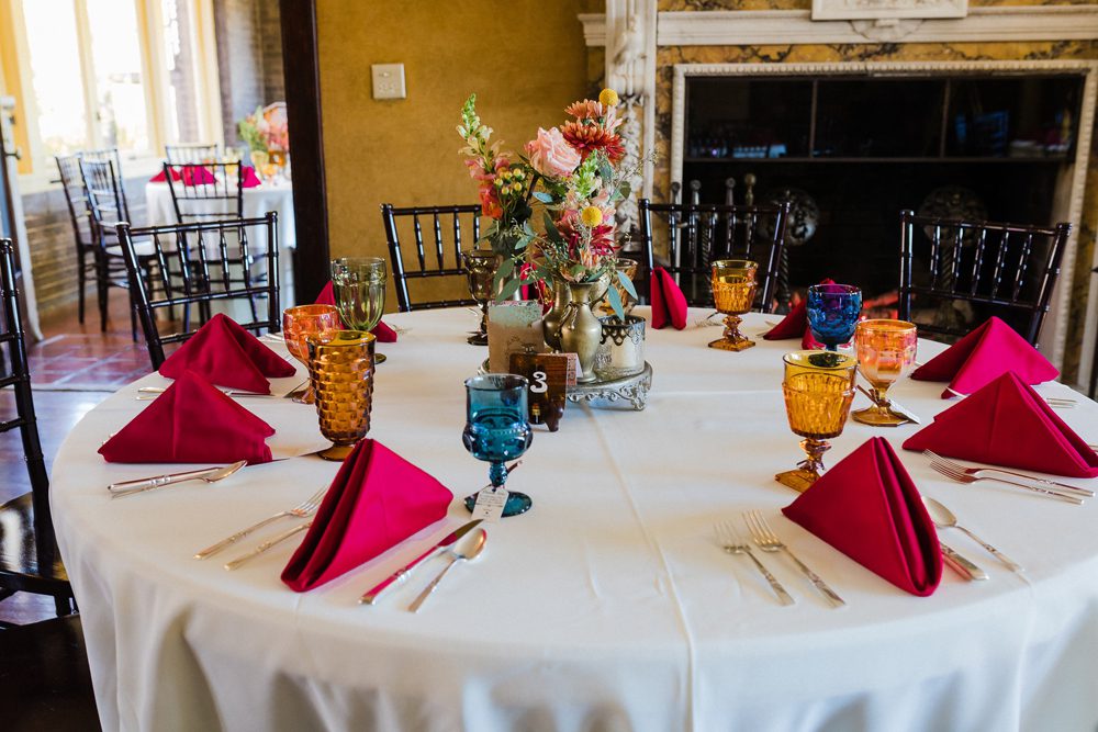 table setting with red table clothes