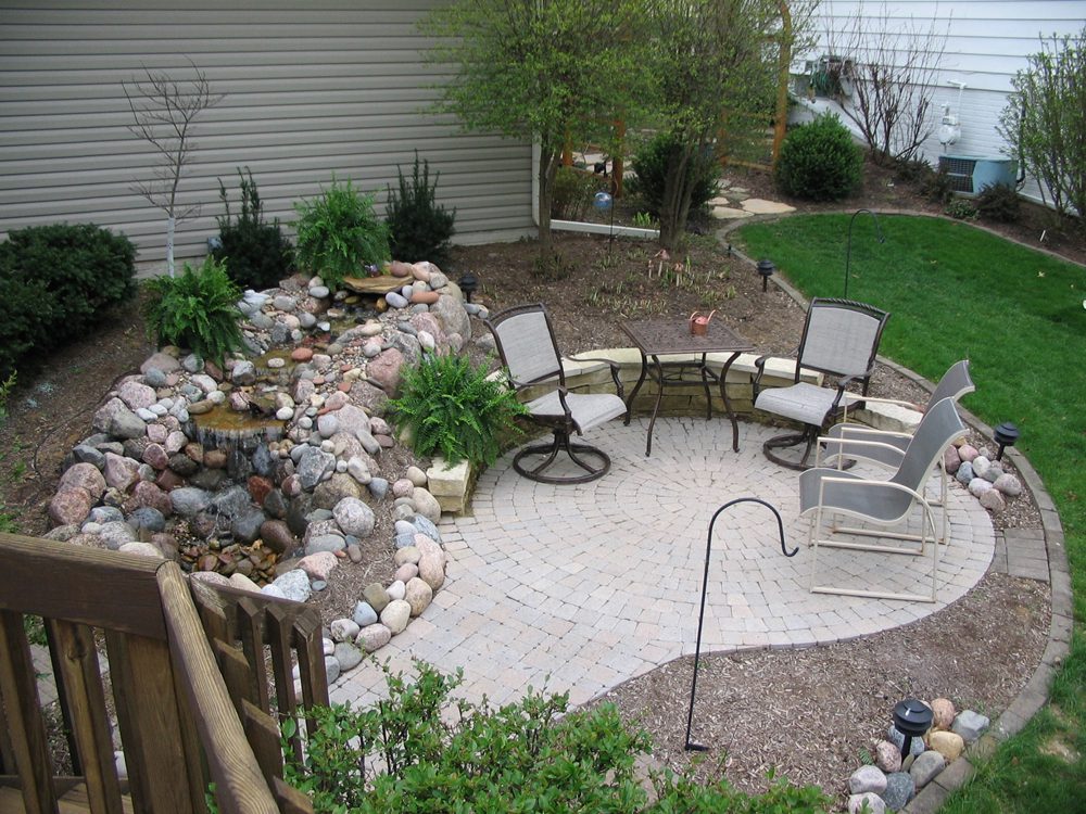 Garden Backyard pond with waterfall water plants brick paver patio trellis landscaping Garden Backyard pond with waterfall water plants brick paver patio trellis landscaping