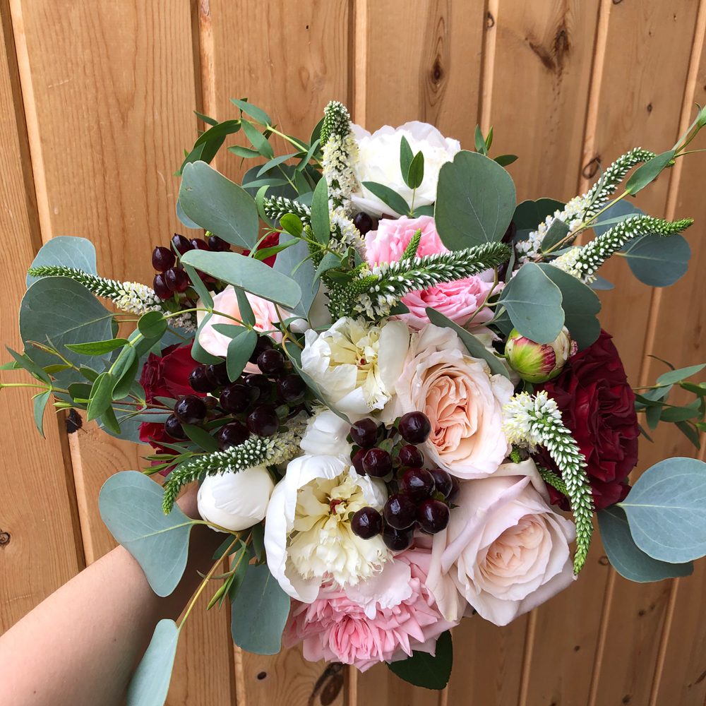 bouquet of white, red and rose pink flowers