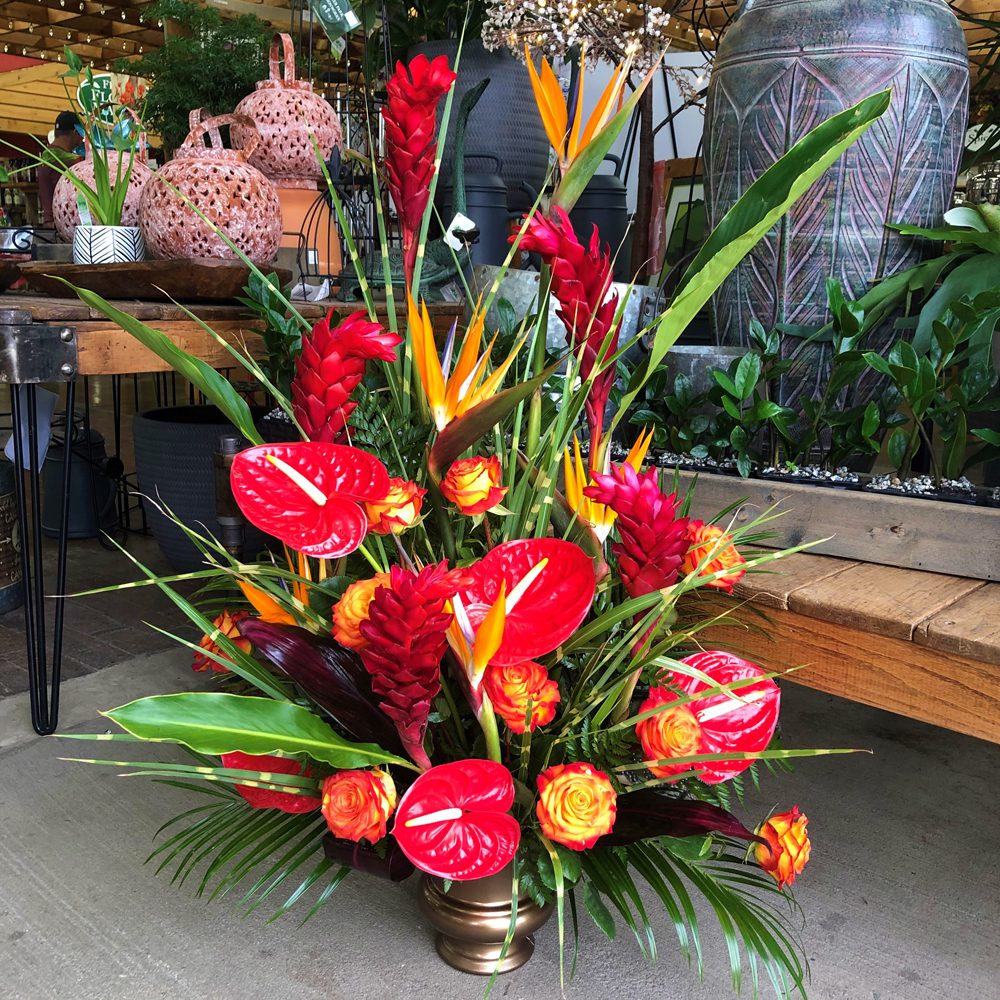 tropical flowers and leaves for a ceremonial/memorial occasion